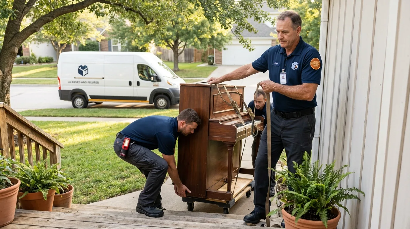 Licensed piano movers securing grand piano in Rexburg, ID