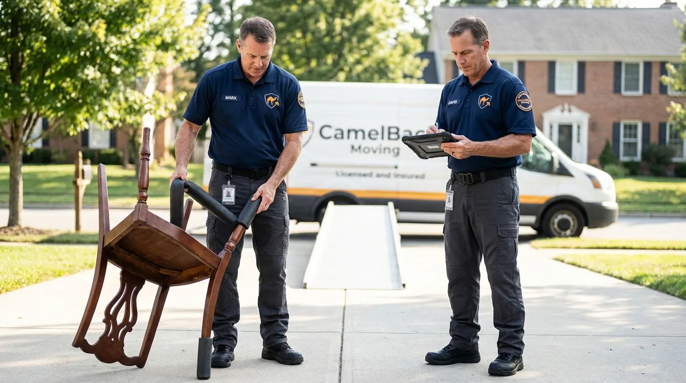 Movers inspecting furniture for damage prevention before loading in Rexburg, ID